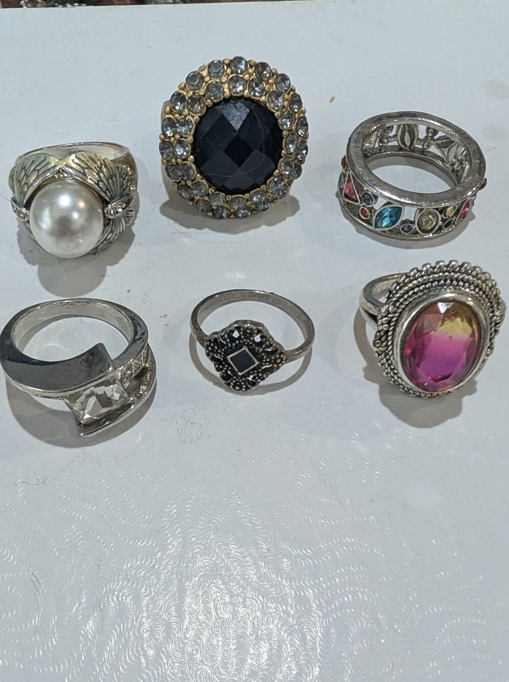 Assorted Women's Fashion Rings - Silver Tones with Pink Accent